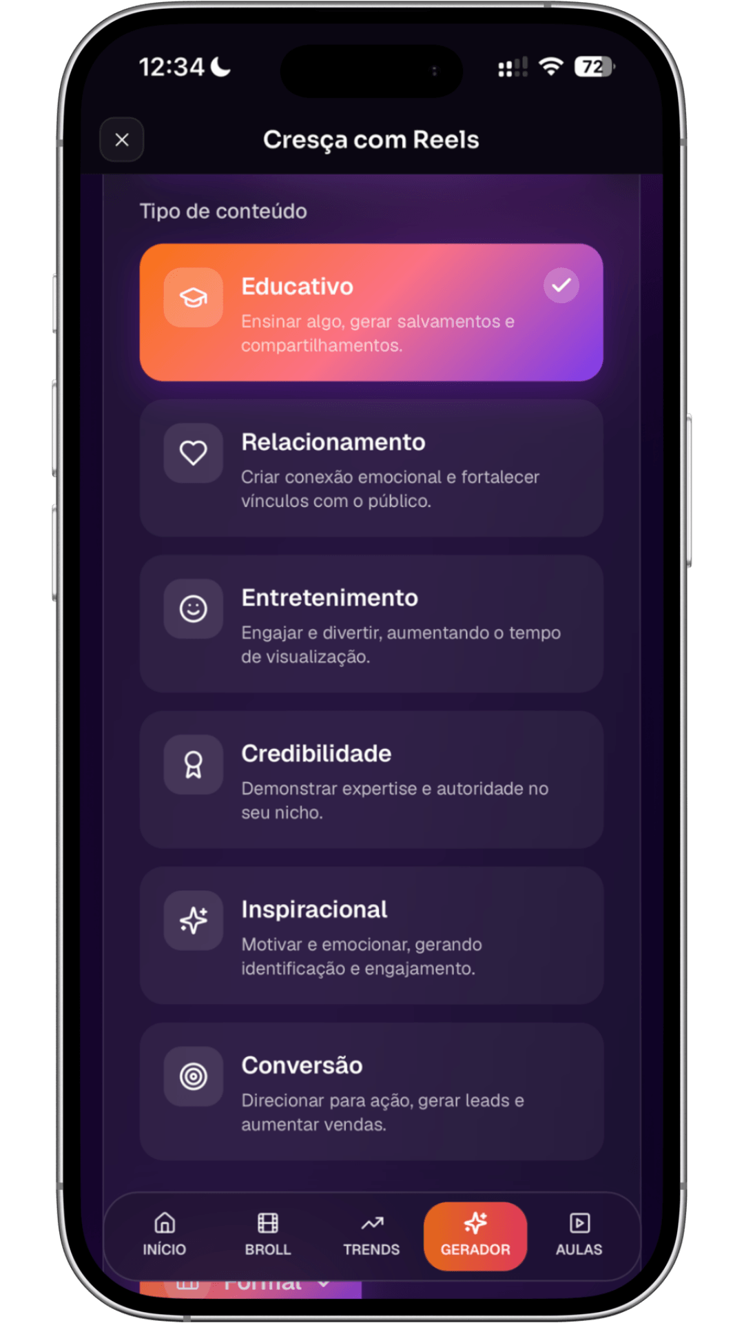 Tela mobile do gerador com seleção de formato e tipo de conteúdo