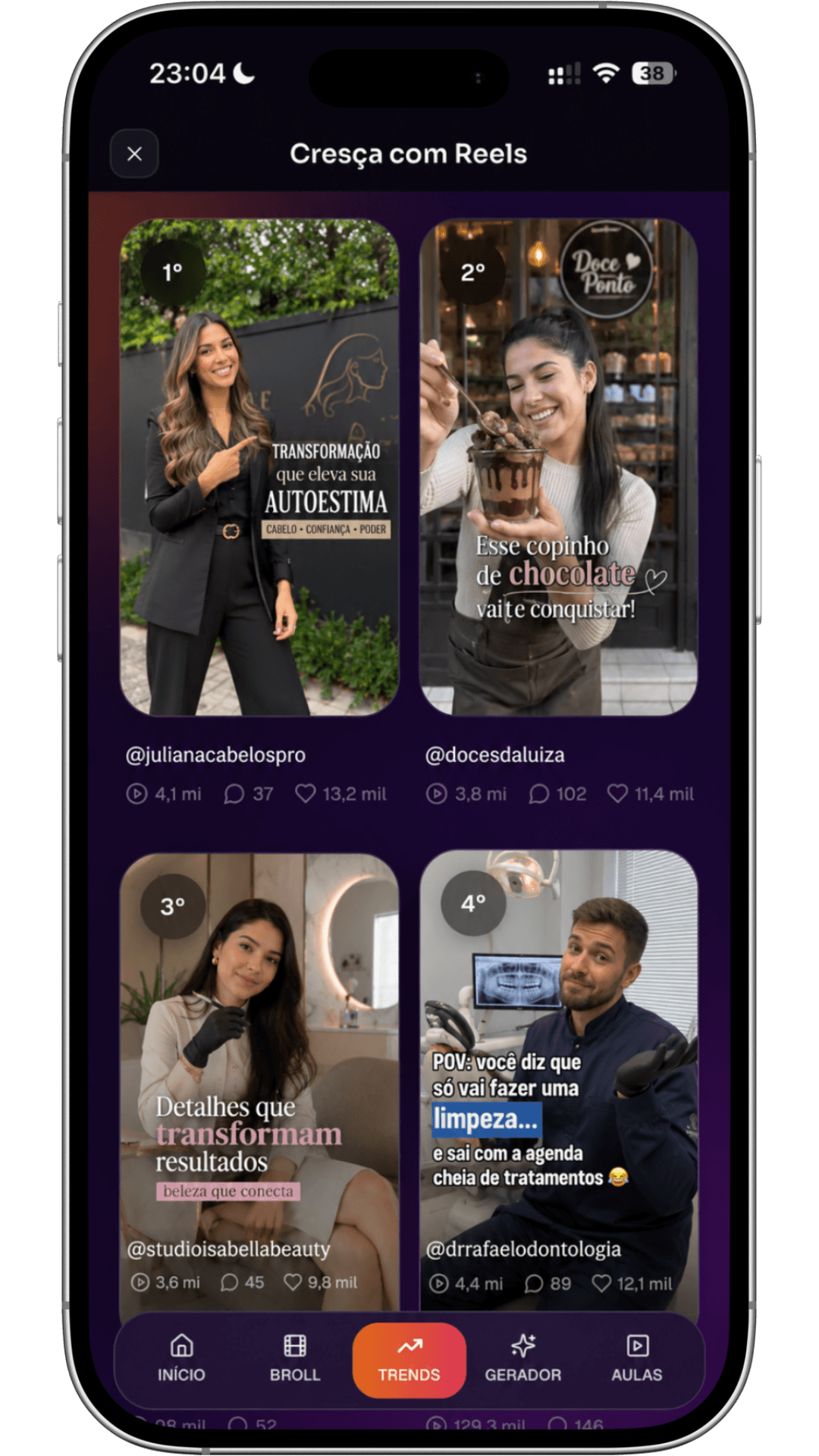 Tela mobile do Top 10 Trends com vídeos em tendência, perfis e métricas
